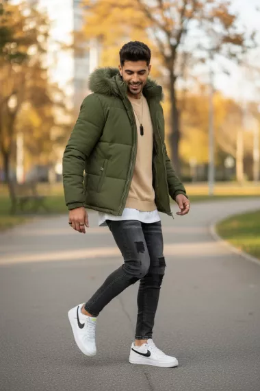 Geaca barbati groasa de iarna, imblanita kaki 2333